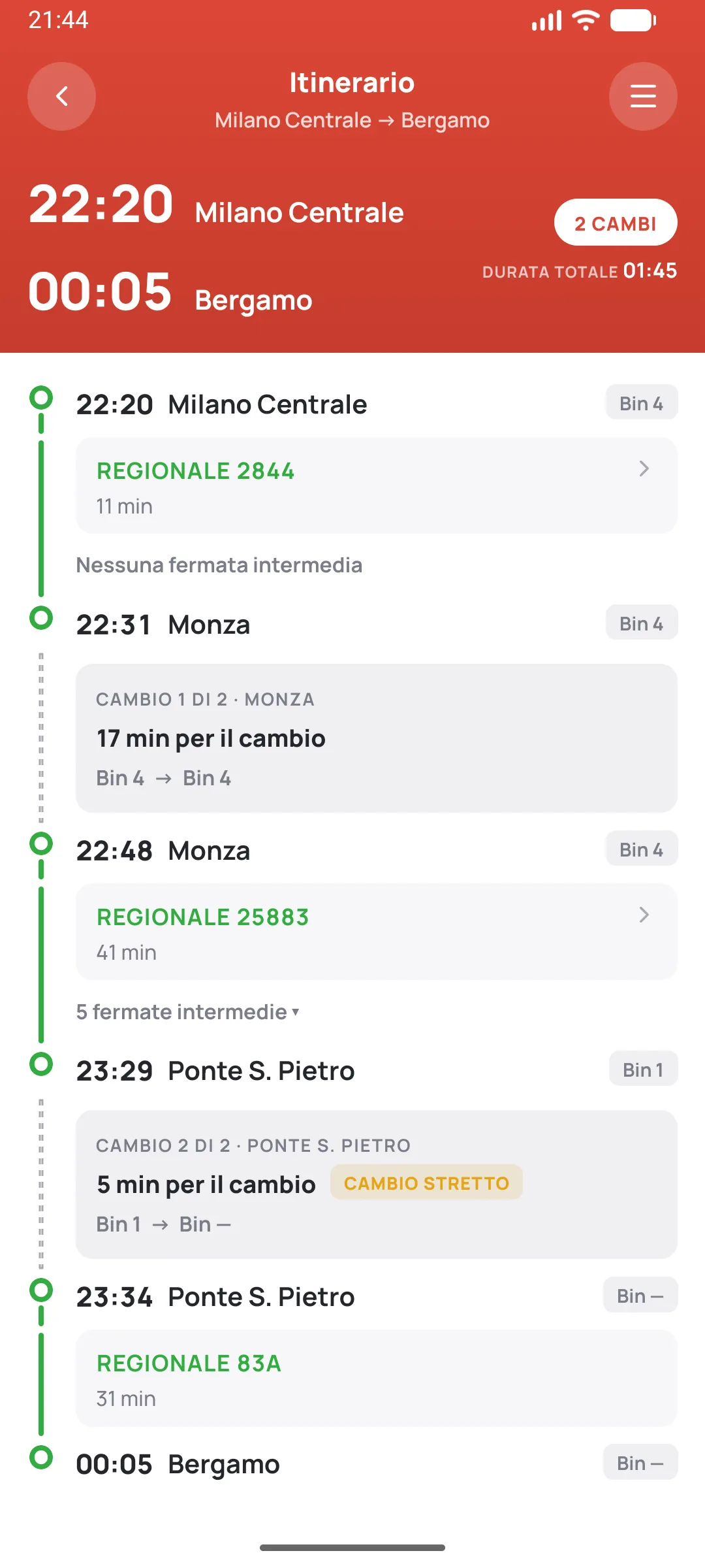 Itinerari con cambi